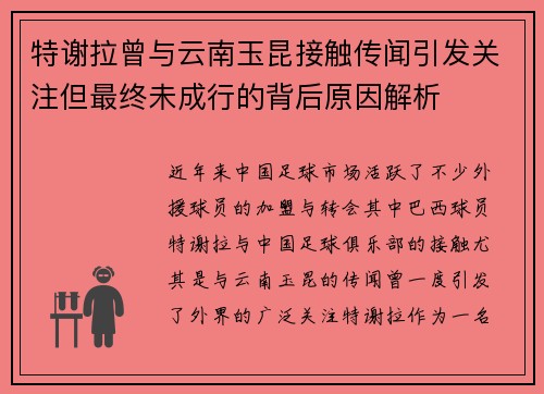 特谢拉曾与云南玉昆接触传闻引发关注但最终未成行的背后原因解析