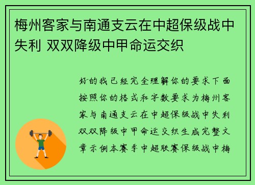 梅州客家与南通支云在中超保级战中失利 双双降级中甲命运交织